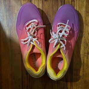 Skechers women’s Pink to Purple Ombre Sneakers with Yellow Collar